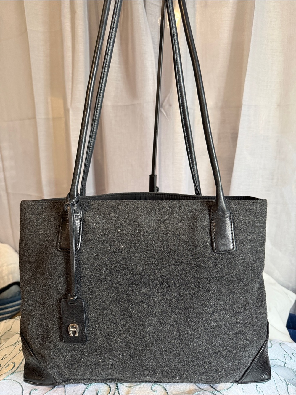 Etienne Aigner Charcoal Gray Felt Tote with Black Leather Trim